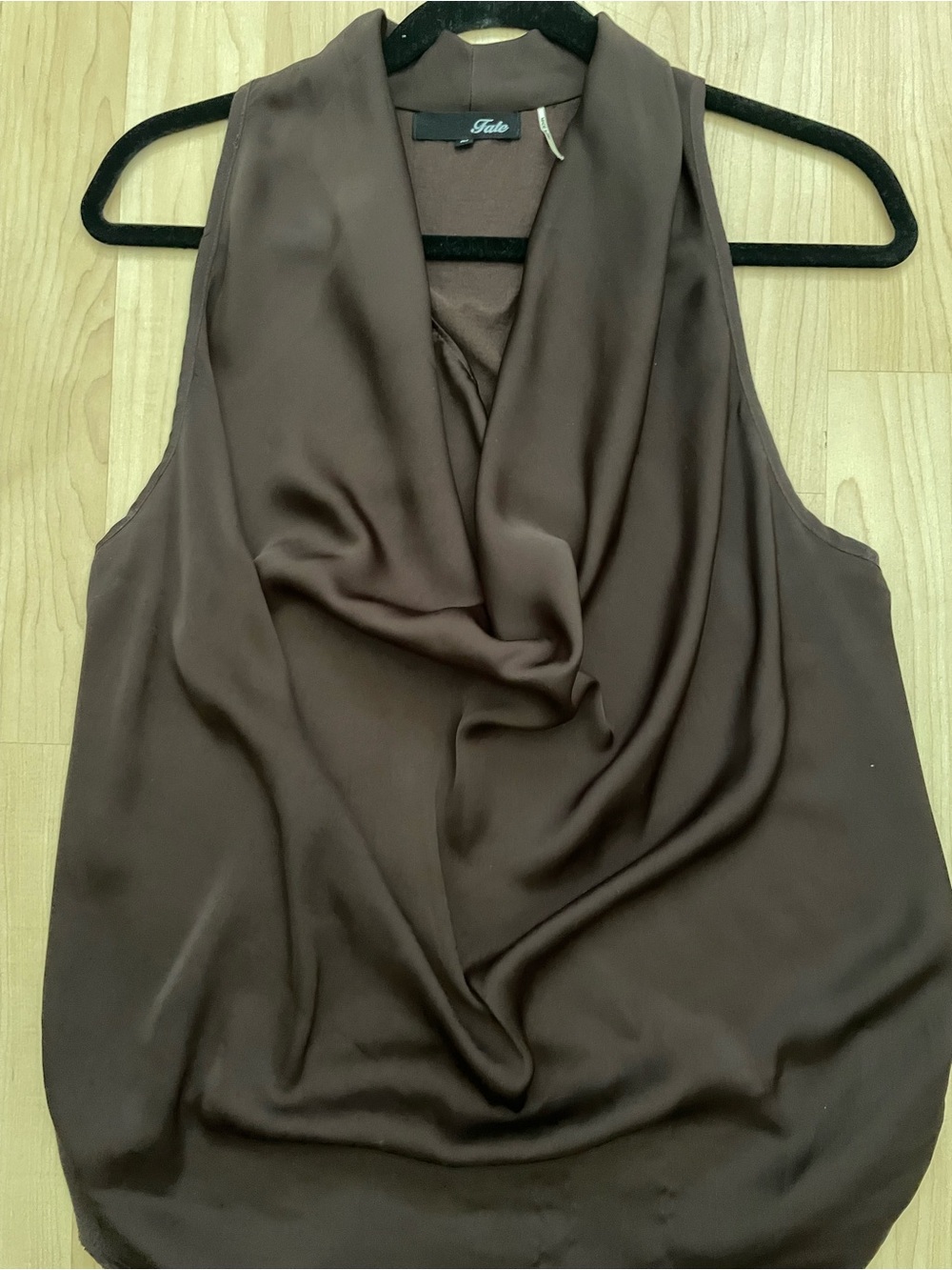 Brown Satin Sleeveless Draped Cowl Neck Top Size M
